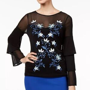 NAME YOUR PRICE • Thalia Sodi Black Top Blue Floral Embroidery Sheer Size M